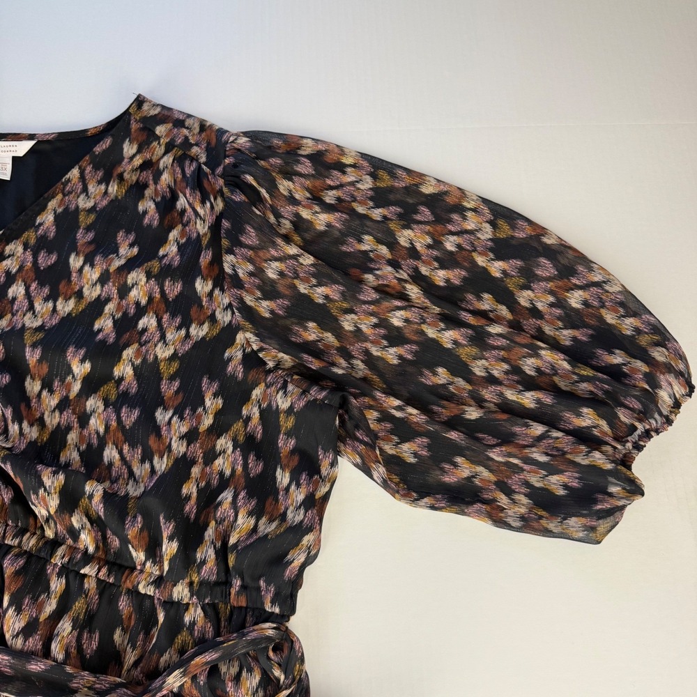LC Lauren Conrad 3X‎ Plus Metallic Ikat Chiffon Midi Dress Puff Sleeve Black - Picture 10 of 11